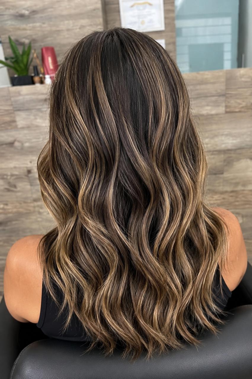 Mechas mel e caramelo blendadas sobre base escura em cabelo longo com ondas, visto no salão.