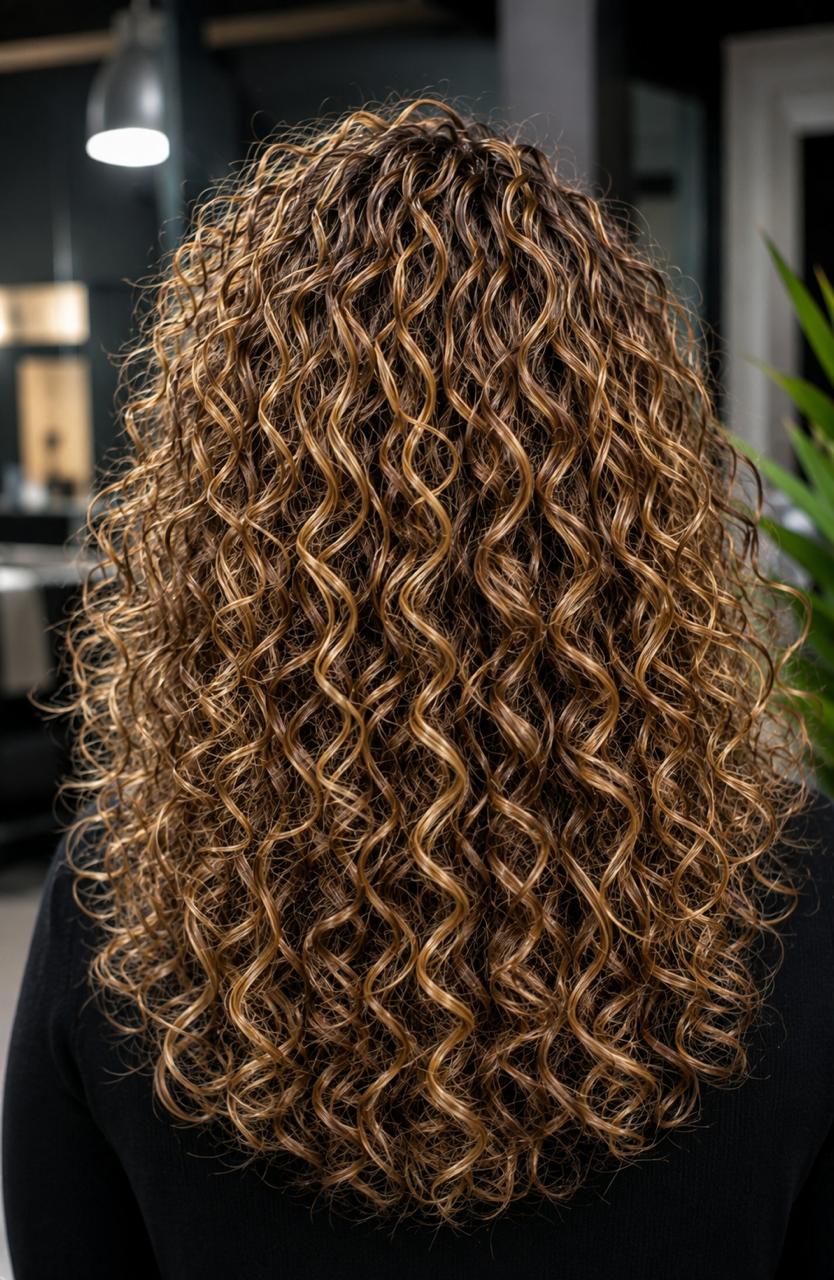 Mechas douradas em cabelo cacheado com cachos espirais definidos sobre base escura, visto no salão.