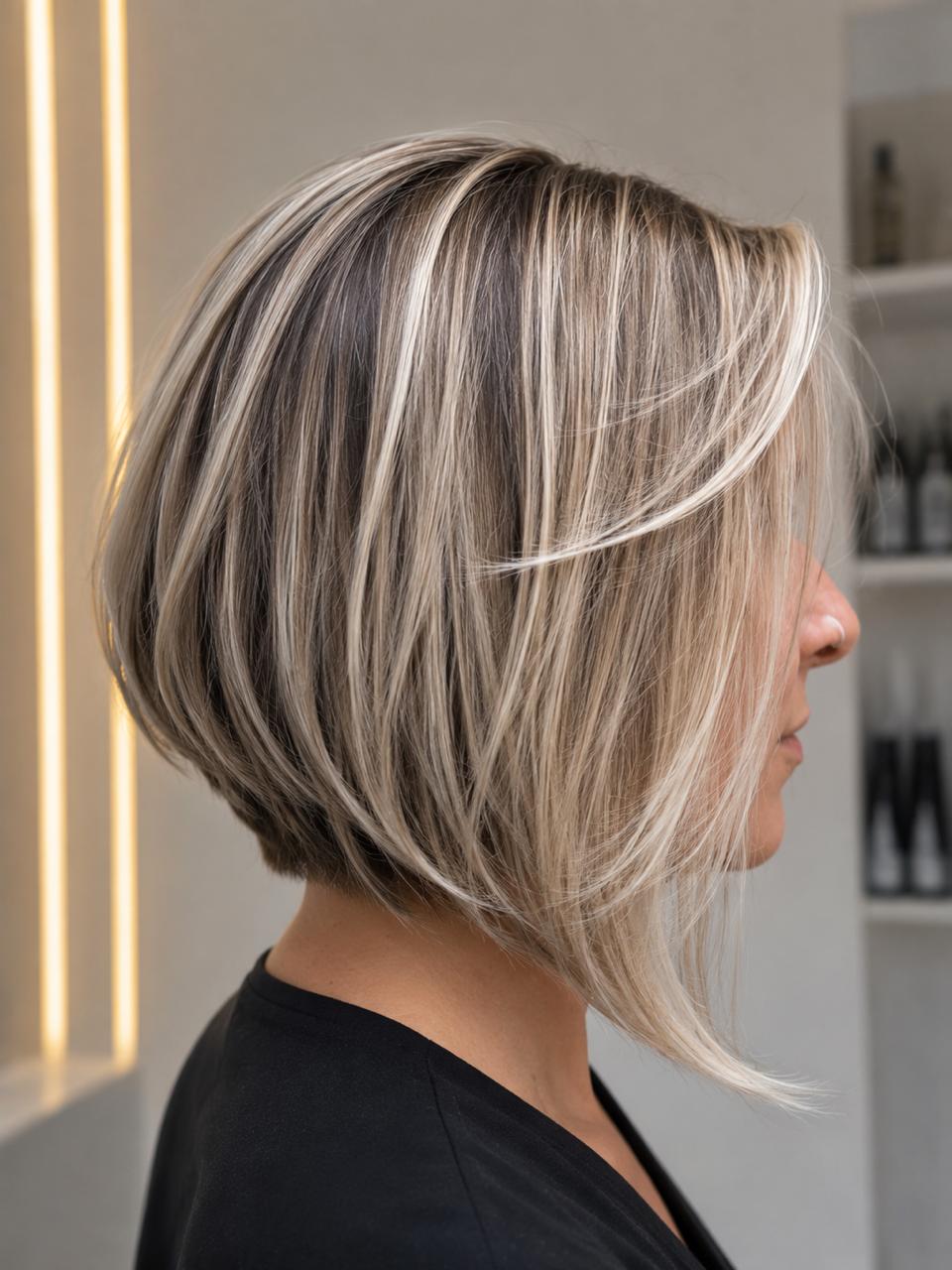 Resultado de mechas em loiro de alto contraste sobre base escura, corte bob assimétrico reto, visto de perfil no salão.