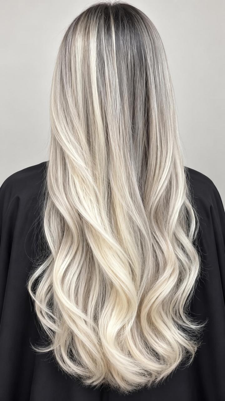 Cabelo longo visto de costas com mechas em loiro claro perolado, raiz esfumada e ondas suaves.