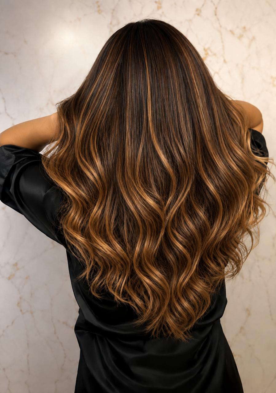 Balayage cobre em cabelo muito comprido com ondas volumosas sobre base castanha, visto no salão.
