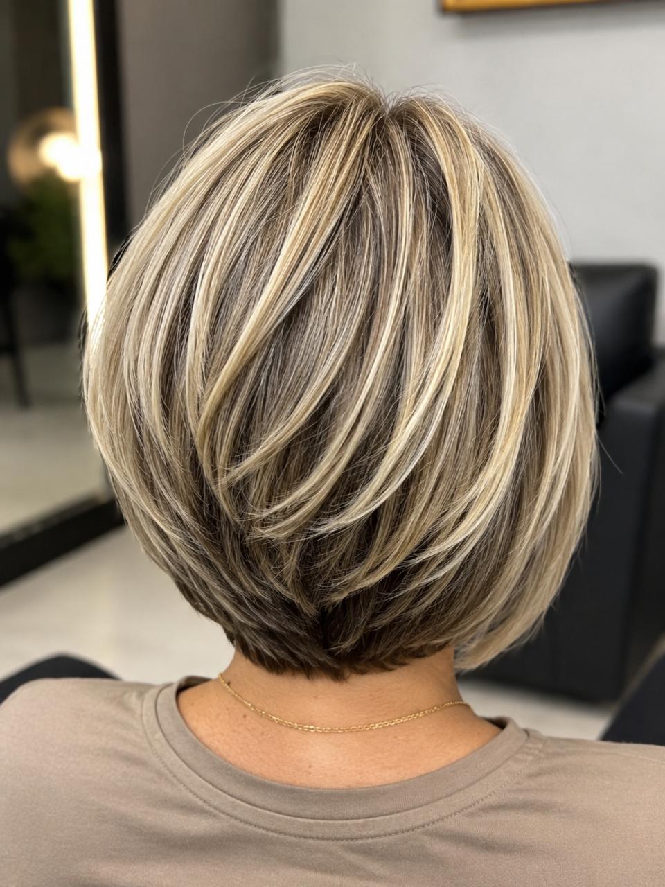 Corte pixie-bob repicado com camadas e volume, mechas loiras acinzentadas sobre base escura, visto de costas no salão.