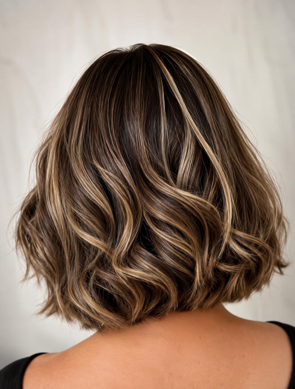 Mechas acinzentadas e arenosas em lob texturizado com ondas arredondadas sobre base escura, visto no salão.